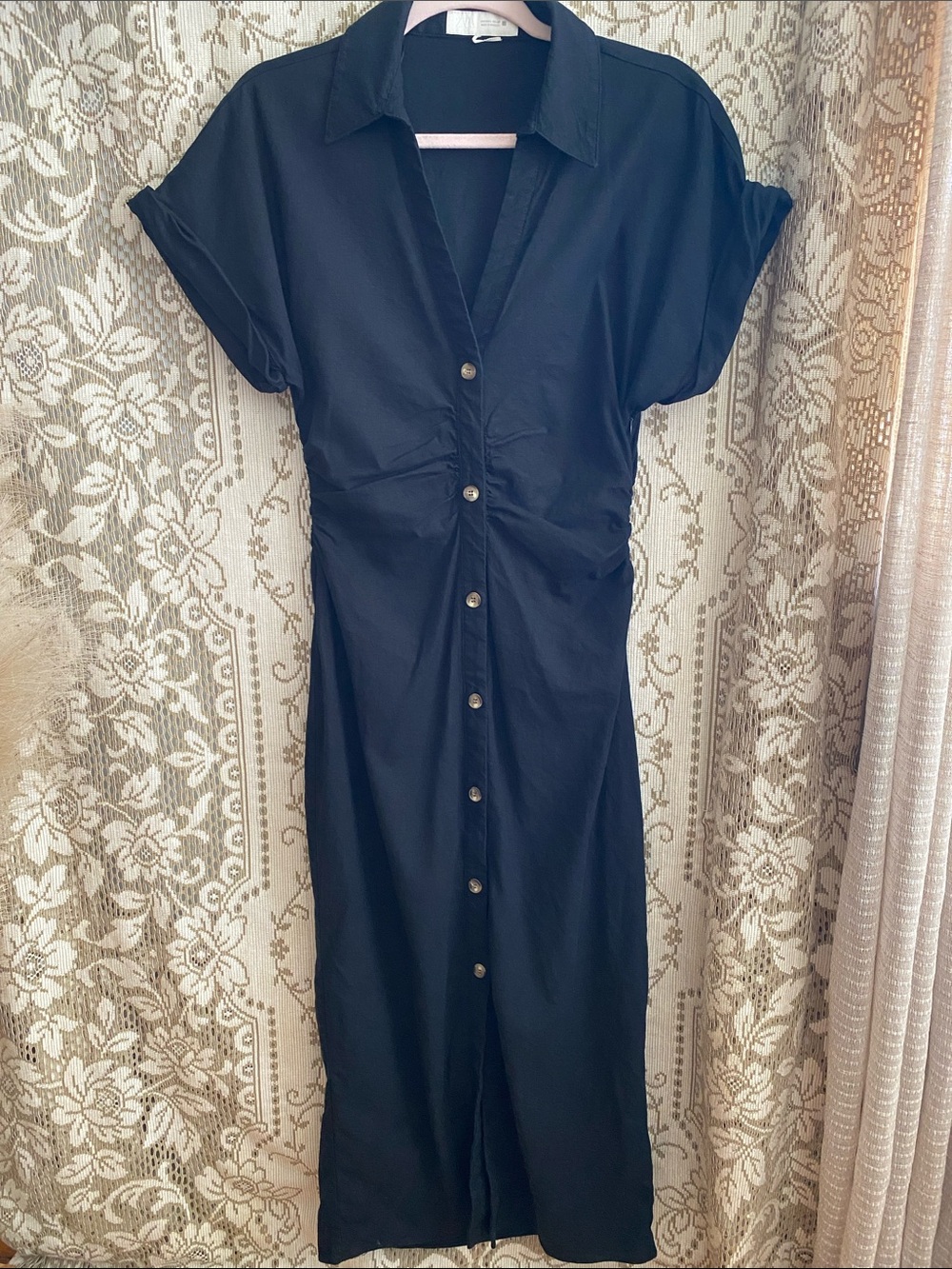 Zara Womens Midi Chic Collared Shirt Dress Black button down Linen Blend Size L
